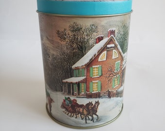 Vintage  Christmas Winter Scene Tin Round Canister  EUC Made In Taiwan