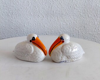 Happy Pelican Salt & Pepper Shakers Ceramic Blue Sky Clayworks Signed by Artist Diane