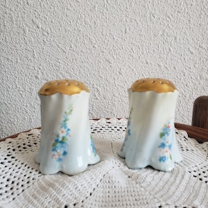 Antique Limoge T&V France Salt Pepper Shakers Gold Top Corked Blue Flowers/
