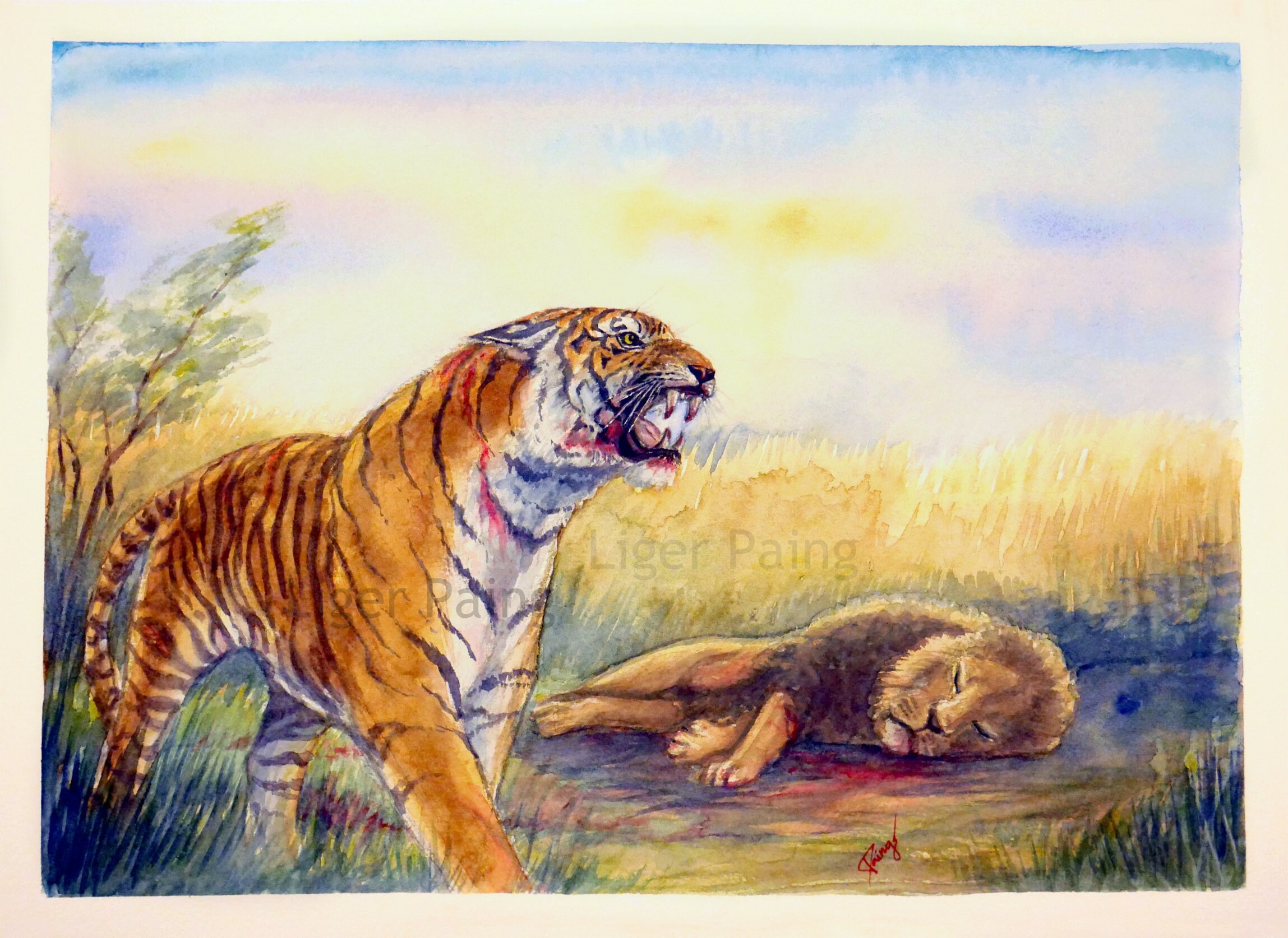 Fallen Kingdom Tiger vs Lion Printable Watercolor Painting | Etsy