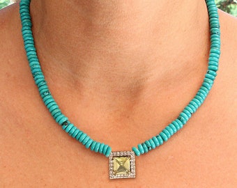 Gold Necklace with Natural Cut Turquoise and Piridot Gemstone in the center