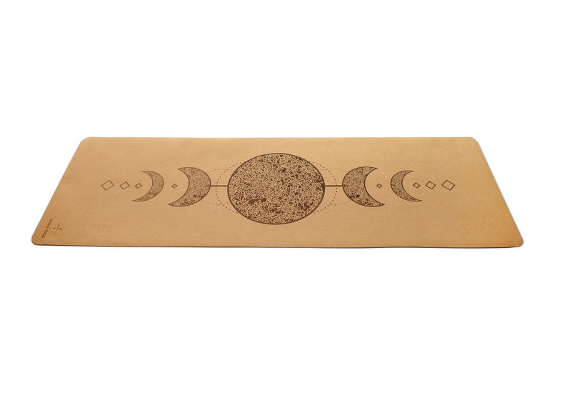 NATURAL CORK yoga mat 100% Natural Rubber bottom, Cork top Moon Laser Printed Pilates Mat Meditation image 1