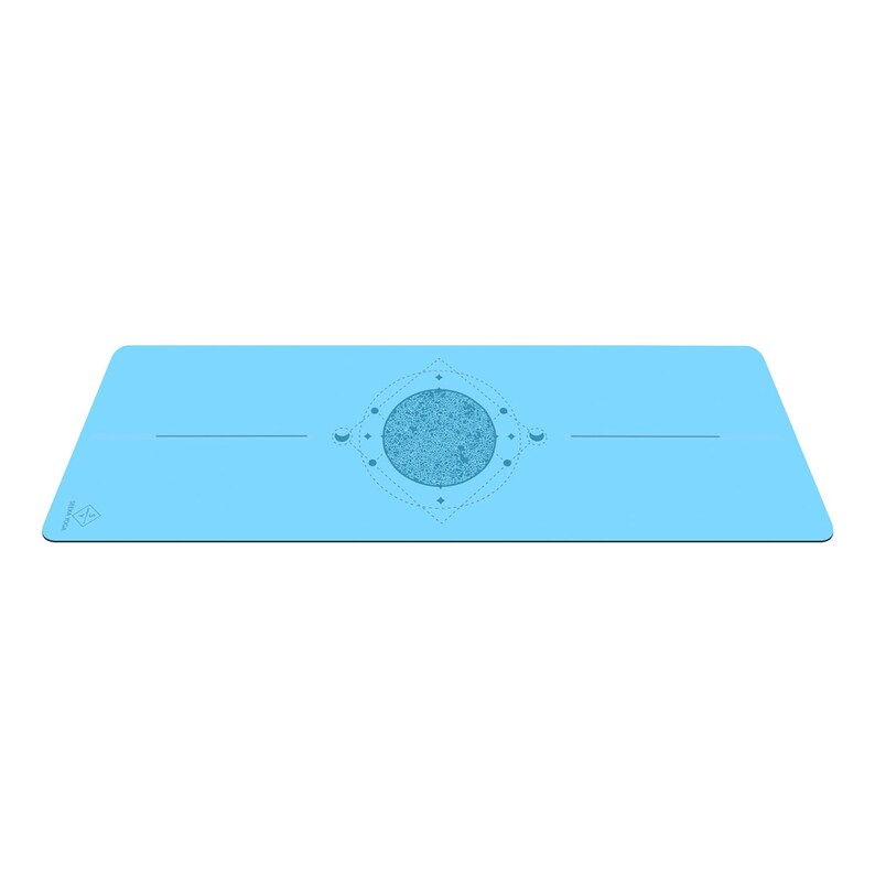 May include: A light blue yoga mat with a geometric design featuring a circle with a textured pattern and a crescent moon on each side. The mat has the text "OM" in the bottom left corner.