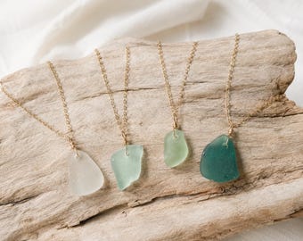 Genuine Sea Glass Necklace, 14K Gold Filled Chain, Coastal Jewelry, Ocean Pendant