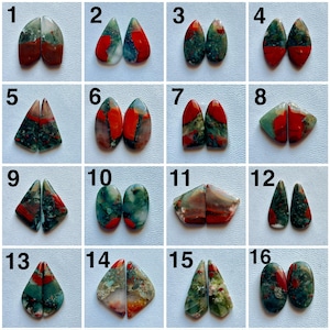 May include: Sixteen pairs of polished gemstones are displayed, each with distinct patterns and colours. The stones showcase a blend of red, green, and white tones, with variations in shape and size. Suitable for jewellery making or collecting.