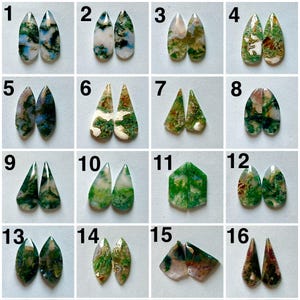 May include: Sixteen pairs of moss agate cabochons are shown, each with a unique shape and pattern. The gemstones feature green, white, brown, and blue hues. The collection highlights the diverse natural patterns found within each pair of stones.