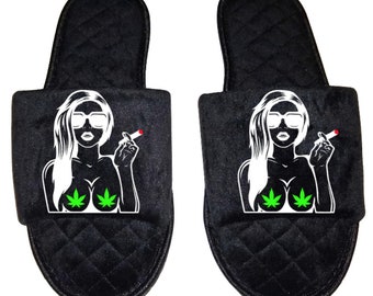 Sexy girl smoking Marijuana mmj medicinal weed mary Jane Women's open toe Slippers House Shoes slides mom sister daughter custom gift