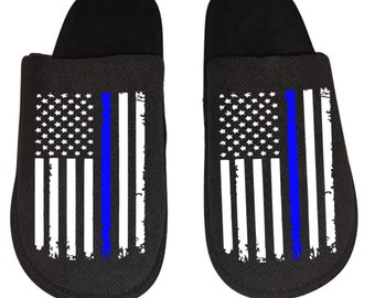 Police officer thin blue line distressed distorted American flag Men's Slippers / House Shoes slides gift