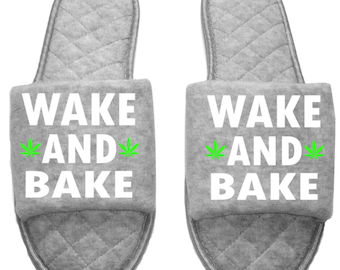 Wake and bake Medical Marijuana mmj medicinal weed mary Jane Women's open toe Slippers House Shoes slides mom sister daughter custom gift