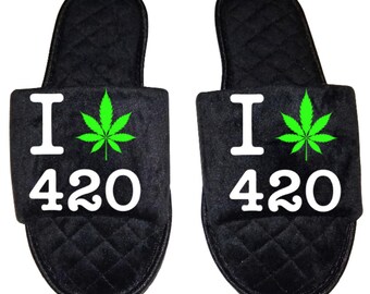 I love 420 Marijuana mmj medicinal weed mary Jane Women's open toe Slippers House Shoes slides mom sister daughter custom gift