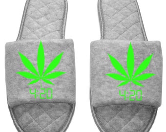420 Marijuana leaf mmj medicinal weed mary Jane Women's open toe Slippers House Shoes slides mom sister daughter custom gift