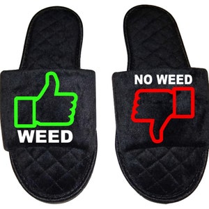 Thumbs up down Marijuana mmj medicinal weed mary Jane Women's open toe Slippers House Shoes slides mom sister daughter custom gift BLACK - wide width