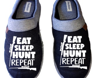 Eat sleep hunt repeat Men's DF by DEARFOAMS hunting Slippers House Shoes slides father dad husband gift