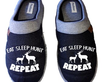 Eat sleep hunt repeat Men's DF by DEARFOAMS hunting Slippers House Shoes slides father dad husband gift