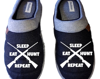 Eat sleep hunt repeat Men's DF by DEARFOAMS hunting Slippers House Shoes slides father dad husband gift