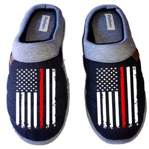 Brandweerman brandweerman dunne rode lijn noodlijdende vervormde Amerikaanse vlag DF door DEARFOAMS Herenslippers / Huisschoenen dia's cadeau