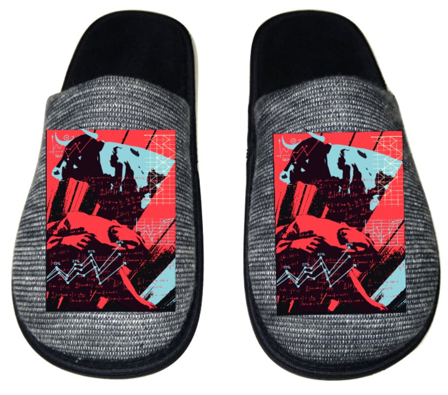 Wall Street Stock Market Bull Bear Men's Slippers / House Shoes Slides Gift