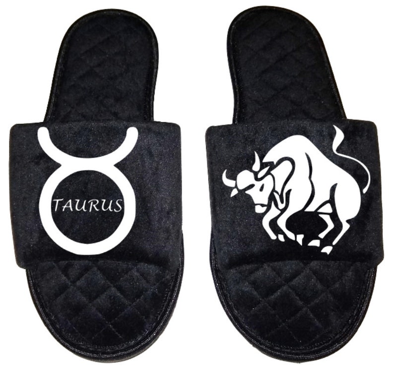 Taurus Zodiac sign Astrology Horoscope Women's open toe Slippers House Shoes slides mom sister daughter custom gift BLACK - wide width