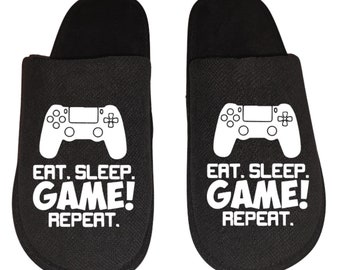 eat sleep game repeat Vintage video game over menu Gamer Men's Slippers / House Shoes slides gift