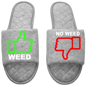 Thumbs up down Marijuana mmj medicinal weed mary Jane Women's open toe Slippers House Shoes slides mom sister daughter custom gift GREY - normal width