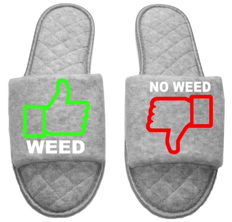 Thumbs up down Marijuana mmj medicinal weed mary Jane Women's open toe Slippers House Shoes slides mom sister daughter custom gift GREY - normal width