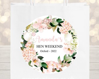 Personalised Hen Night Party Bag, Hen Do Favour Gift Bags, Boho Blush Hydrangeas, ZH04