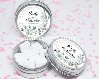 Personalized Wedding Favor Tins, Keepsakes, Gifts, Filled with Heart Mints, Chocolates, Watercolor Leaves, Gold Wreath, Vegan Favor - CW70