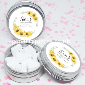 Personalized Baby Shower Silver Tins Gift Bag Fillers, Watercolor Sunflower Seed, Baby Shower Favors, Vegan Favors, CS13