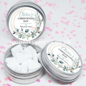 Personalized Christening Favors Mint Tins, Keepsakes Gifts, Eucalyptus Gold Frame, Religious Baptism Favors, Vegan Favors, CC09