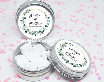 Gepersonaliseerde huwelijksbedankjes, zilveren blikjes, cadeauzakjes, aquarel eucalyptuskrans, veganistische huwelijksbedankjes, CW20