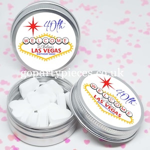 Personalized Las Vegas Birthday Bash, Las Vegas Bachelorette, Silver Tins Gift Bag Fillers, Destination Party Favors, Vegan Favors, CB61