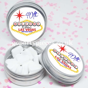 Personalized Las Vegas Birthday Bash, Las Vegas Bachelorette, Silver Tins Gift Bag Fillers, Destination Party Favors, Vegan Favors, CB61