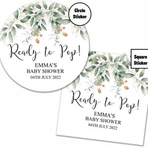 Personalized Baby Shower Stickers, Ready to Pop, Baby Shower Labels, Shower Favor Stickers, Watercolor Foliage Green Gold Eucalyptus - D029