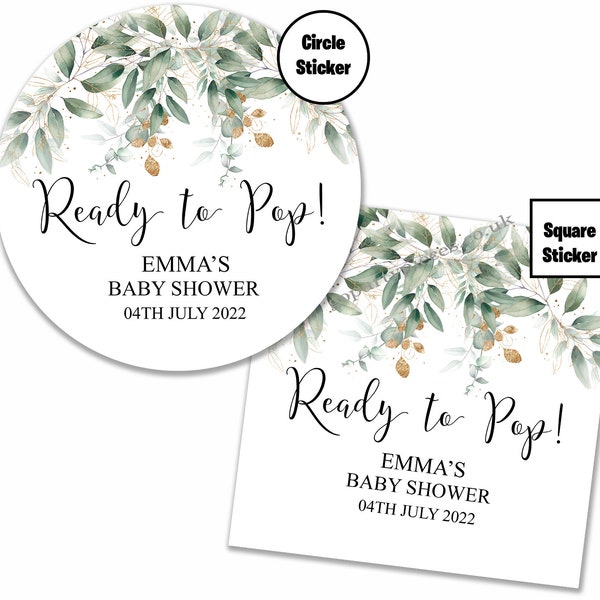 Personalised Baby Shower Stickers, Ready to Pop, Baby Shower Labels, Shower Favour Stickers, Watercolor Foliage Green Gold Eucalyptus - D029