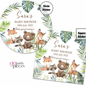 Pegatinas personalizadas de baby shower del bosque, pegatinas de favor con temática de animales del bosque de acuarela, etiquetas de regalo de favor de bebé, sellos de etiquetas de favor