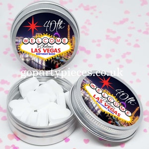 Fiesta de cumpleaños personalizada en Las Vegas, despedida de soltera en Las Vegas, rellenos para bolsas de regalo en latas plateadas, recuerdos para fiestas de destino, recuerdos veganos, CB62