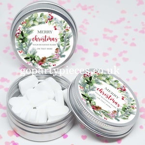 Personalized Christmas Company Merchandise Tins, Corporate Custom Promotional Business Sweet Tins, Silver Tins Marketing Giveaway, CA40