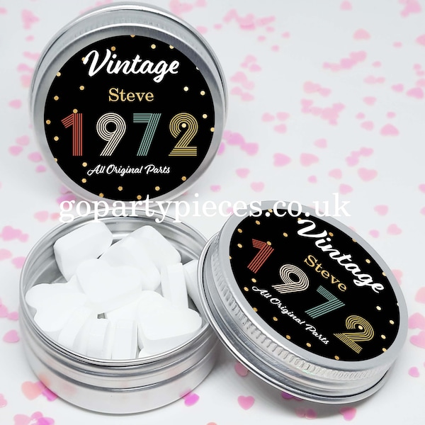 Personalized Birthday 40th/50th/60th Party Favors Tins Gift Bag Fillers, 1972 Vintage Retro Gifts, All Original Parts, Vegan Favors, CB57