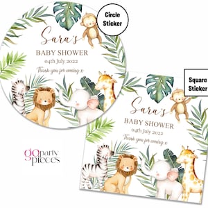 Personalised Baby Shower Stickers, Watercolor Jungle Wild Safari Themed Favour Stickers, Baby Favour Bag Fillers