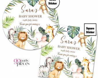 Personalised Baby Shower Stickers, Watercolor Jungle Wild Safari Themed Favour Stickers, Baby Favour Bag Fillers