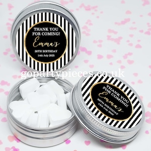Personalized 30th/50th/60th Birthday Party Favors Tins Gift Bag Fillers, Elegant Black & White Stripes, Gold Glitter Effect, CB38