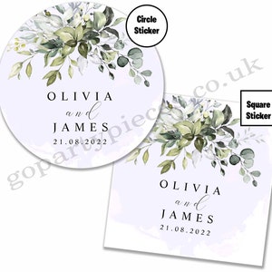 Personalised Dusty Blue Eucalyptus Greenery Succulent Wedding Stickers, Wedding Favours Thank You Stickers, Round & Square Wedding Stickers