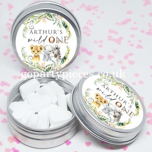 Personalized Wild One Party Favors, Jungle Safari Animal Birthday Party Favors Tins, First Birthday Favor Tins, Vegan Favor, CB46