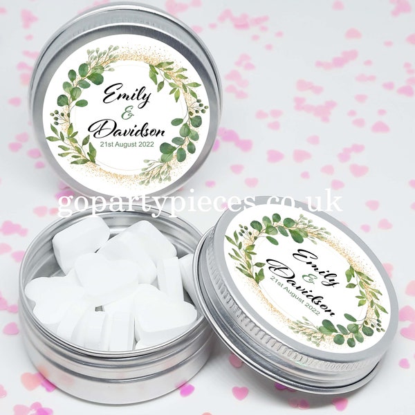 Personalized Wedding Favor Tins, Keepsakes, Gifts, Filled with Heart Mints, Chocolates, Watercolor Botanical Gold Dust, Vegan Favor - CW71