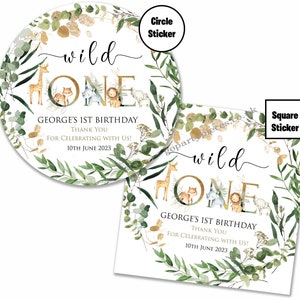 Personalized Wild One 1st Birthday Party Favor Tag Stickers, Sweet Cone Bag Seals, Animal & Jungle Theme Birthday Party Stickers, E043