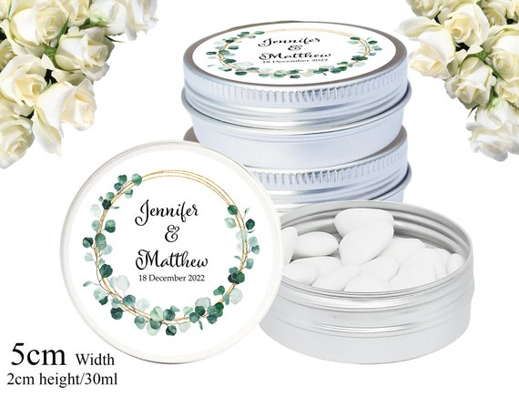 Personalised Wedding Favours Silver Tins Gift Bag Fillers Green Watercolor CW01 