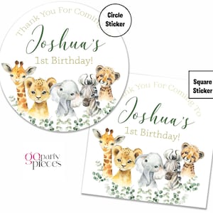 Personalized Safari 1st Birthday Party Favor Tag Stickers, Sweet Cone Bag Seals, Safari Animal & Jungle Theme Birthday Party Stickers, E052