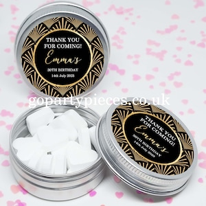 Personalized 40th/50th/60th Birthday Party Favors Tins Gift Bag Fillers, Art Deco Vintage Retro Pattern, Gold Glitter Effect, CB39