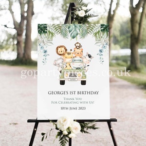Personalized Safari Animals Truck Kids Birthday Party Welcome Sign, Jungle Safari Welcome Birthday Party Poster, Kids Party Welcome Sign, T1