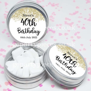 Latas de regalo personalizadas para fiestas de cumpleaños de 30, 40 y 50 años, relleno para bolsas de regalo, confeti dorado, recuerdos de menta y chocolate para fiesta de cumpleaños de hombre, CB68